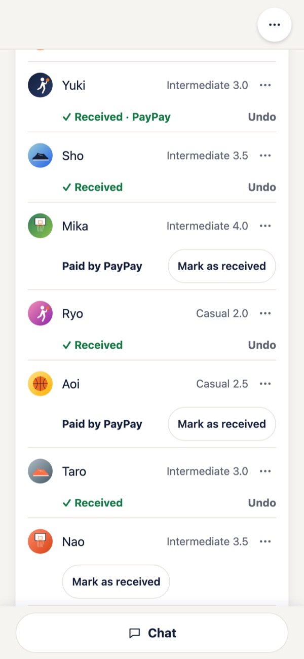 Host player list: received, paid by PayPay, mark as received