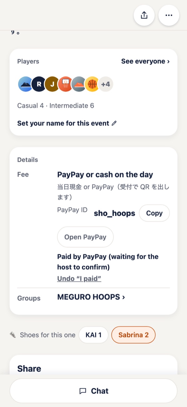 Event page: players, fee and PayPay
