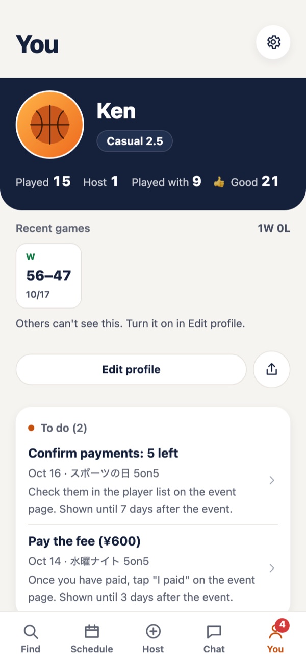 You tab: played, hosted, played with, Good, to-dos