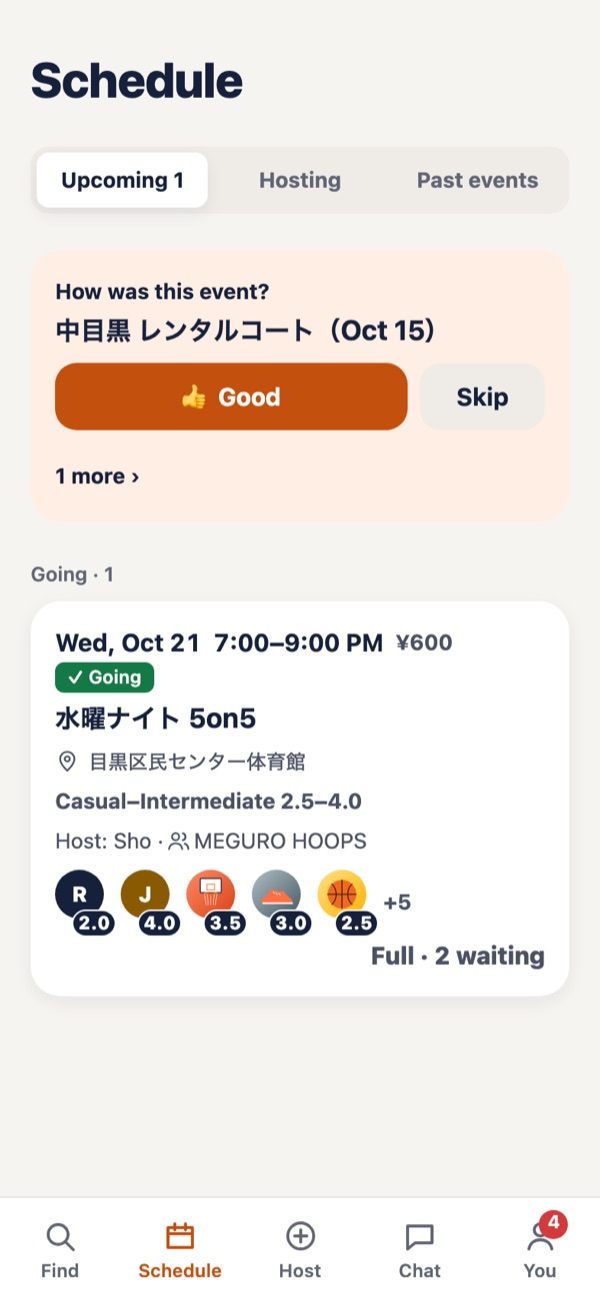 Schedule: How was this event? with a Good button, a full event