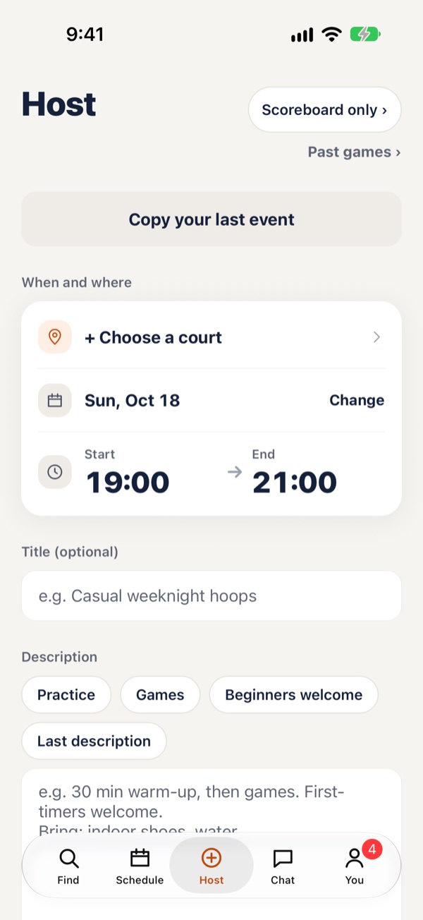 The Host screen: copy your last event, court, date and time, description