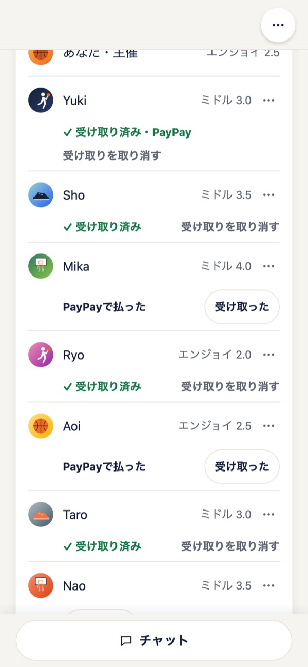 主催者の参加者一覧: 受け取り済み、PayPayで払った、受け取った